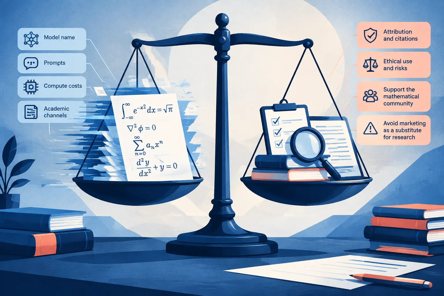 A scale balances rapid AI-generated equations against human verification and attribution.