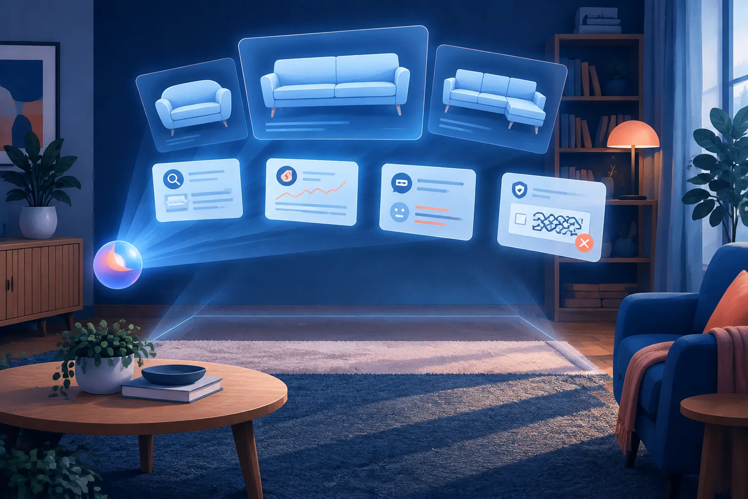 An abstract digital agent compares furniture options in a living room awaiting a new couch.