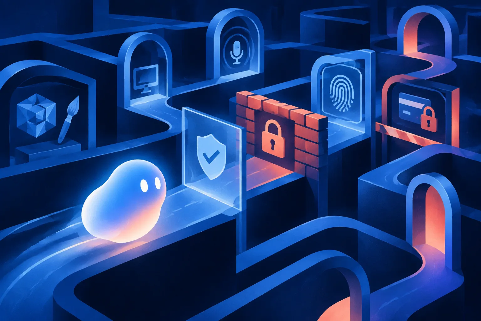 Abstract agent halted by verification barriers in a web maze.