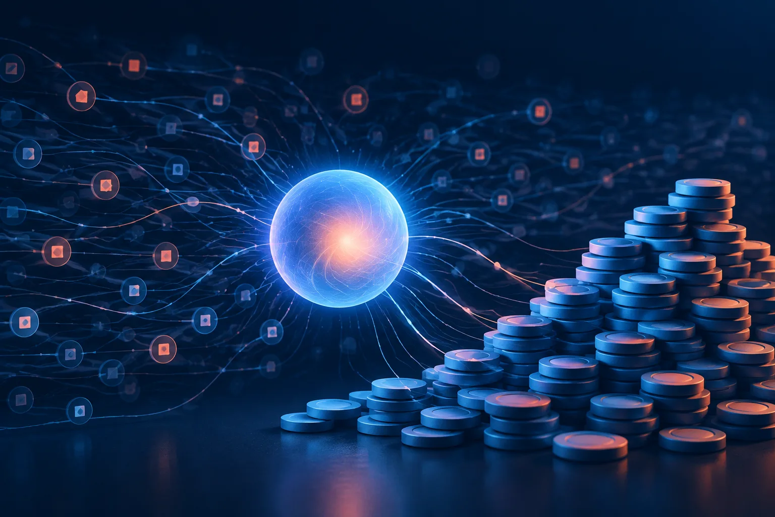 An AI agent quietly runs many background tasks while abstract compute tokens accumulate.
