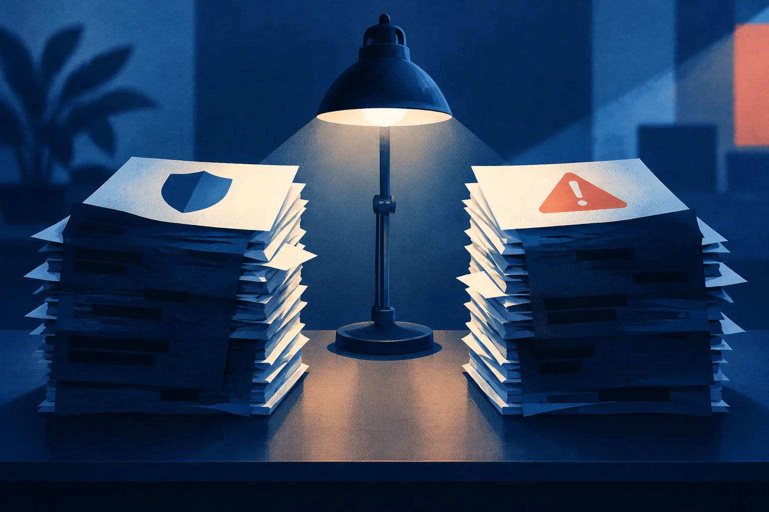 Opposing document stacks with shield and warning symbols sit beneath a balanced lamp.