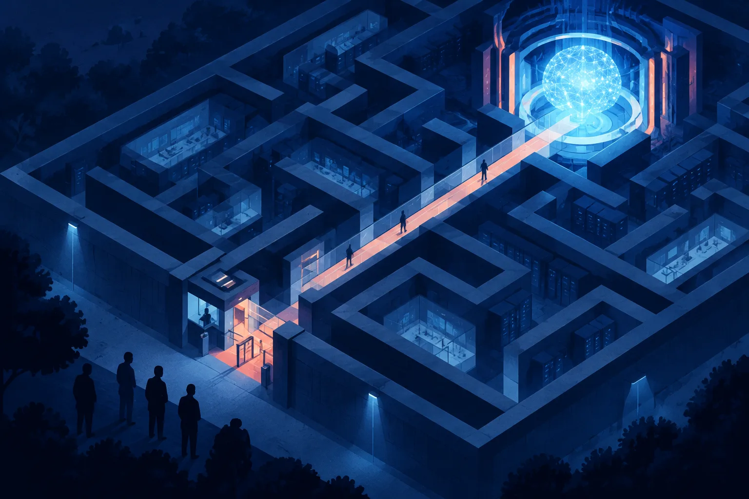 A lit path runs from a safety checkpoint through a maze toward an abstract AI core.