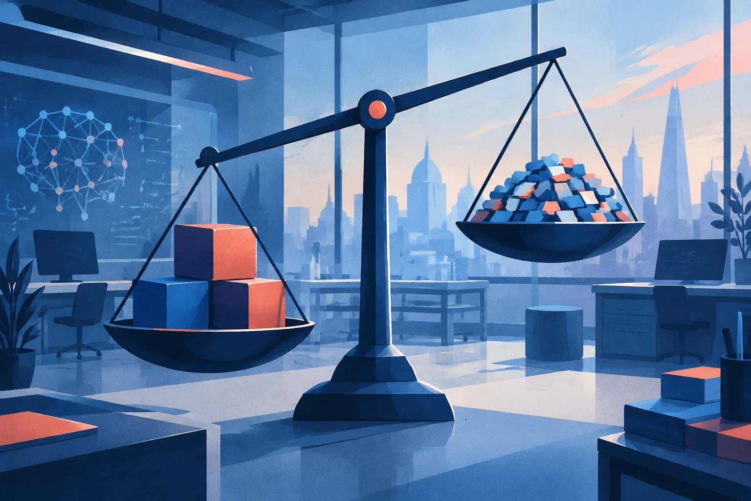 An uneven balance scale contrasts a few large equity blocks with many smaller compensation tiles.