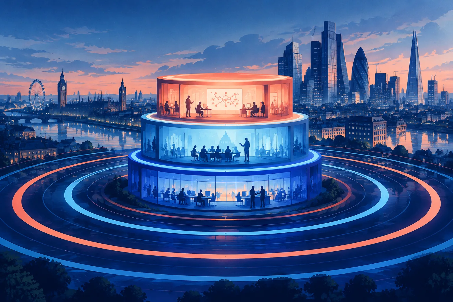 An abstract London AI hub expands across research, policy and enterprise-sales layers.