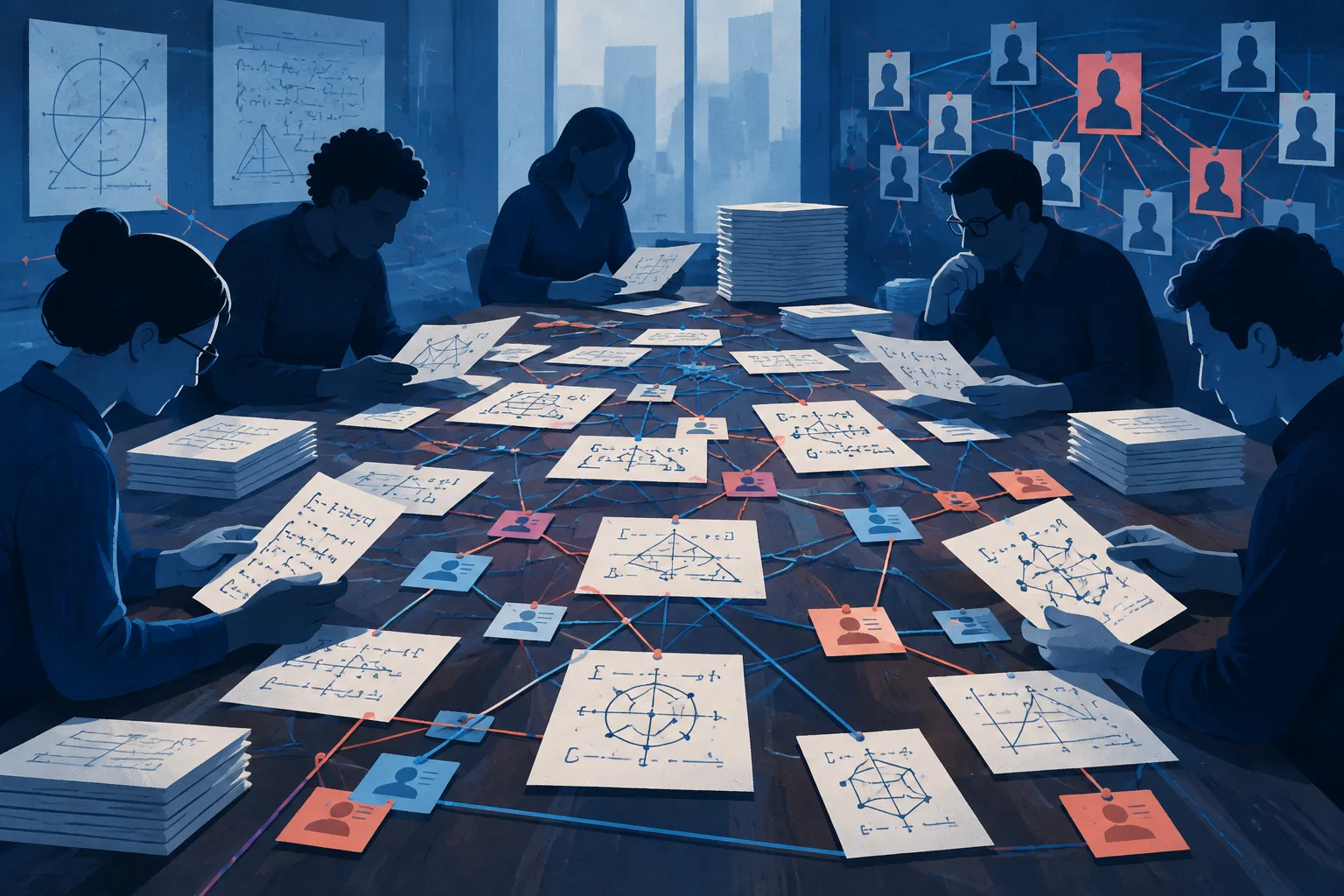 Anonymous researchers trace citations and authorship across mathematical proofs.