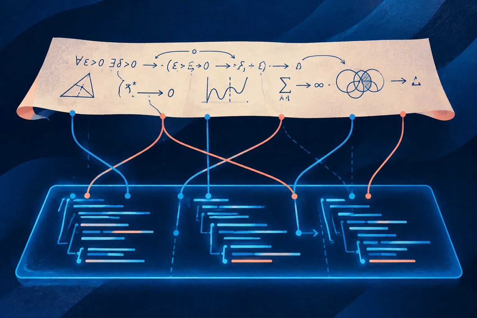A mathematical proof and its formal code version diverge at several highlighted connections.