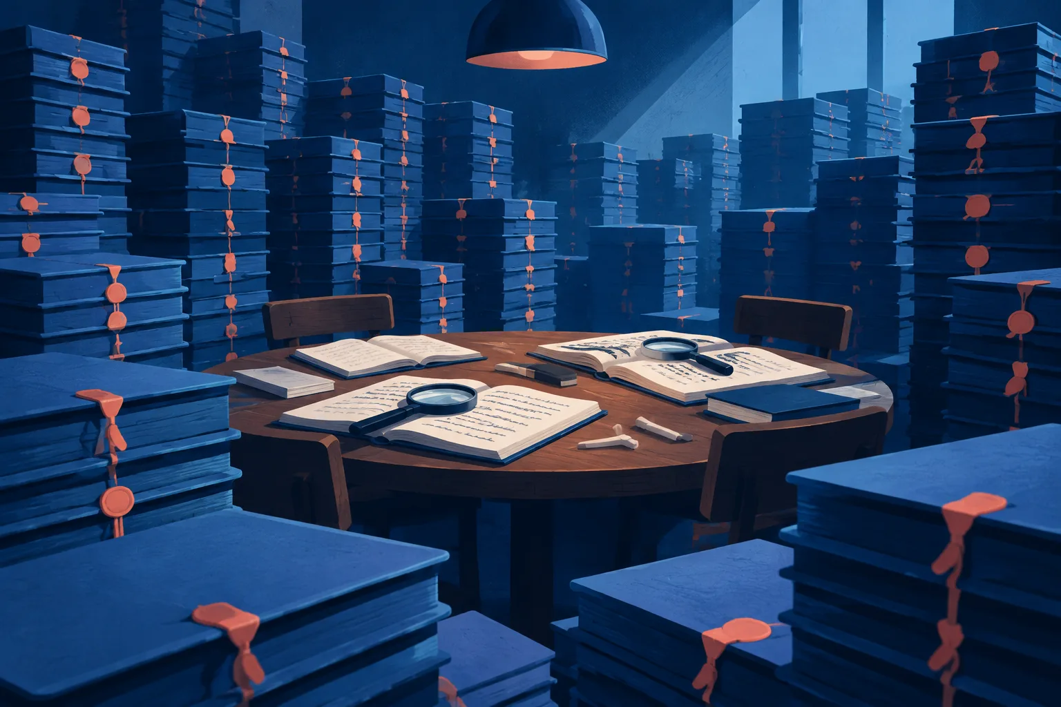 A seminar table prepared for review sits inside an archive filled with sealed AI-generated proof folders.