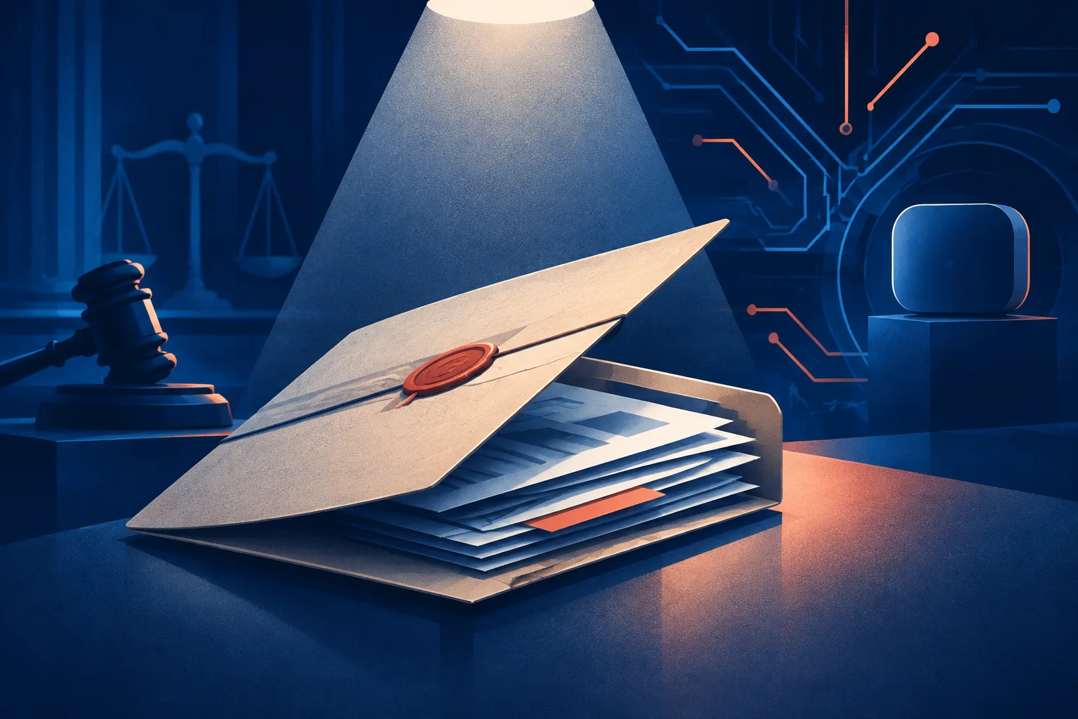 A hiring dossier under a courtroom spotlight beside abstract AI hardware circuitry.