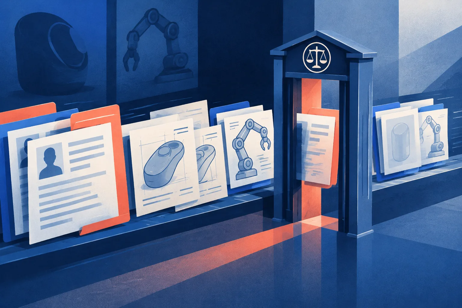 Interview records and technical documents passing through a legal review gate.