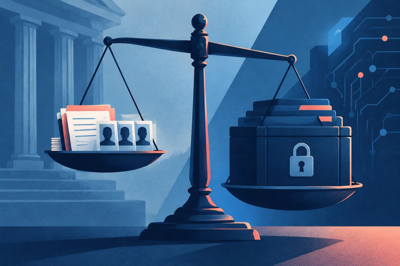 A judicial balance separates approved evidence from a locked research archive.