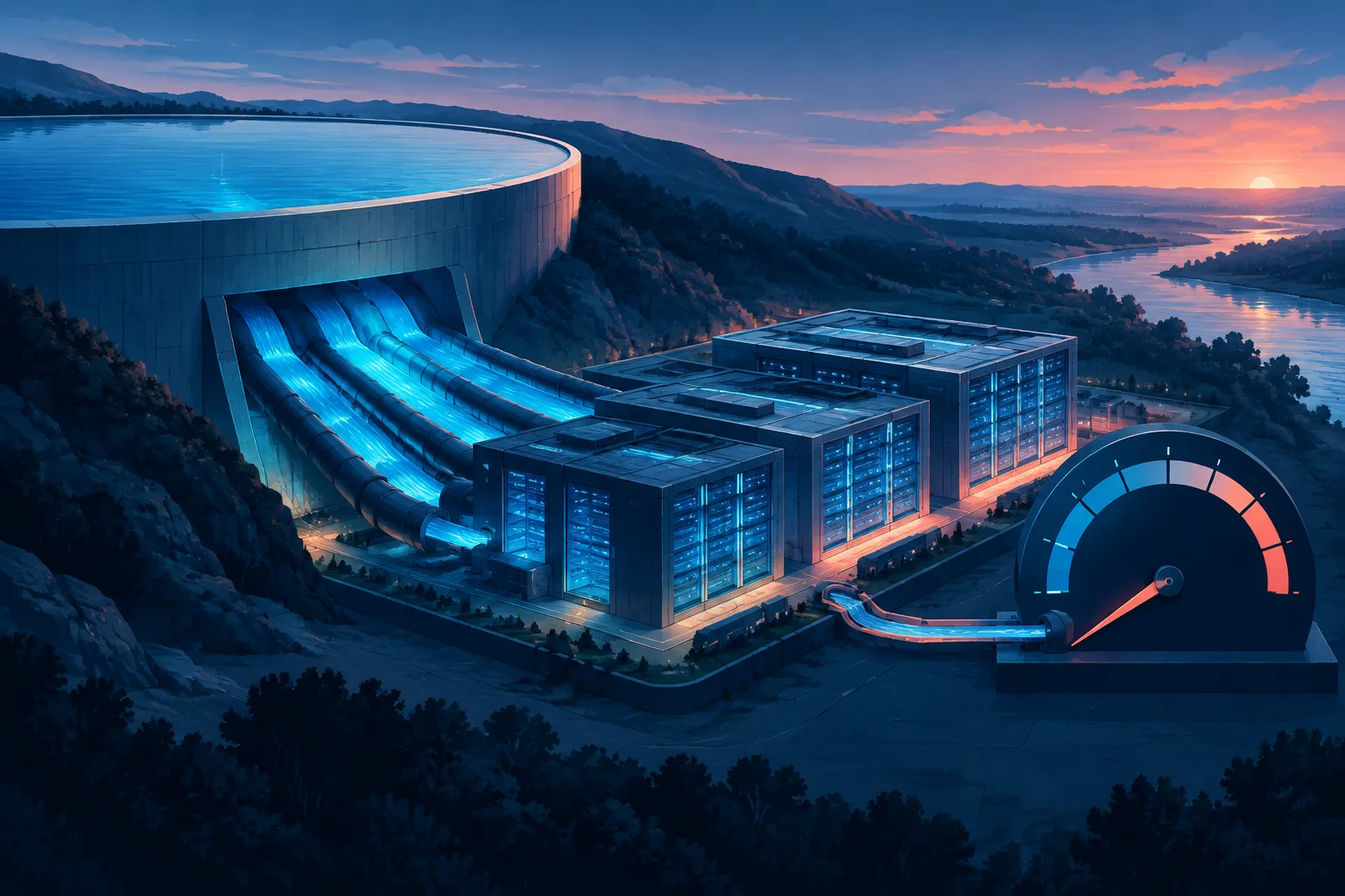 A capital reservoir feeds an AI computing complex beside a revenue gauge.