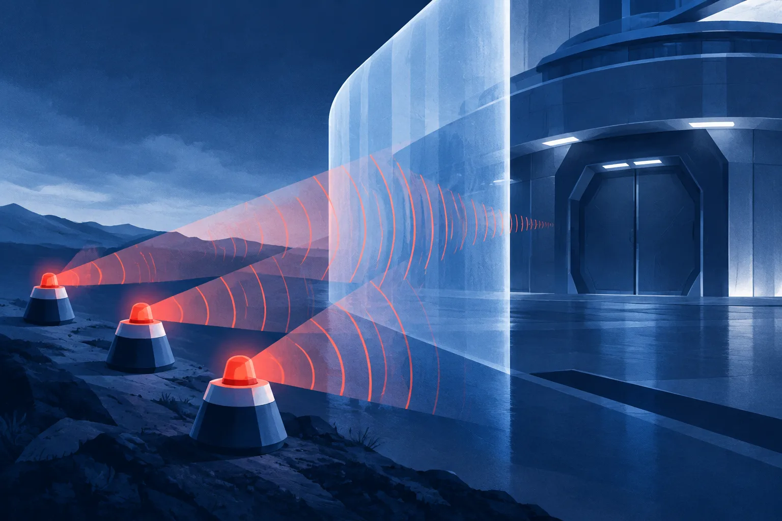 Three abstract safety beacons send warning signals toward a sealed AI laboratory.