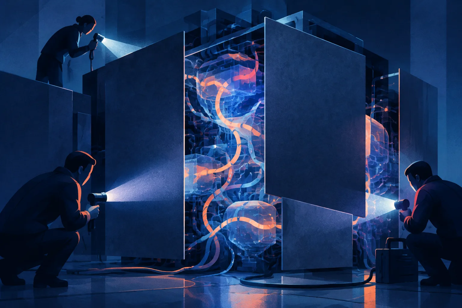 Independent inspection lights attempt to trace pathways inside a partly obscured AI reasoning core.