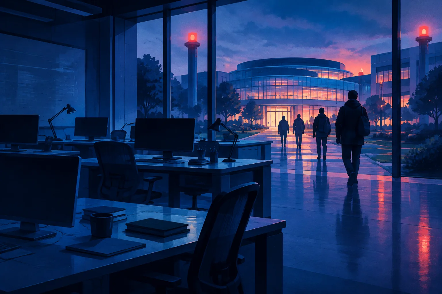Empty research desks and departing silhouettes suggest a wave of safety-related resignations.