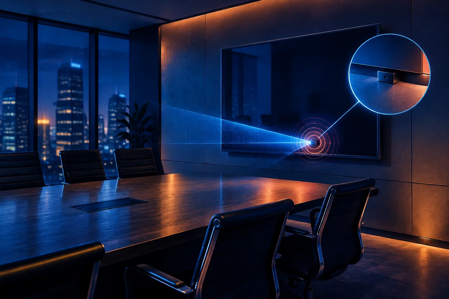 A concealed recording device in a conference room is illuminated by an abstract AI forensic scan.