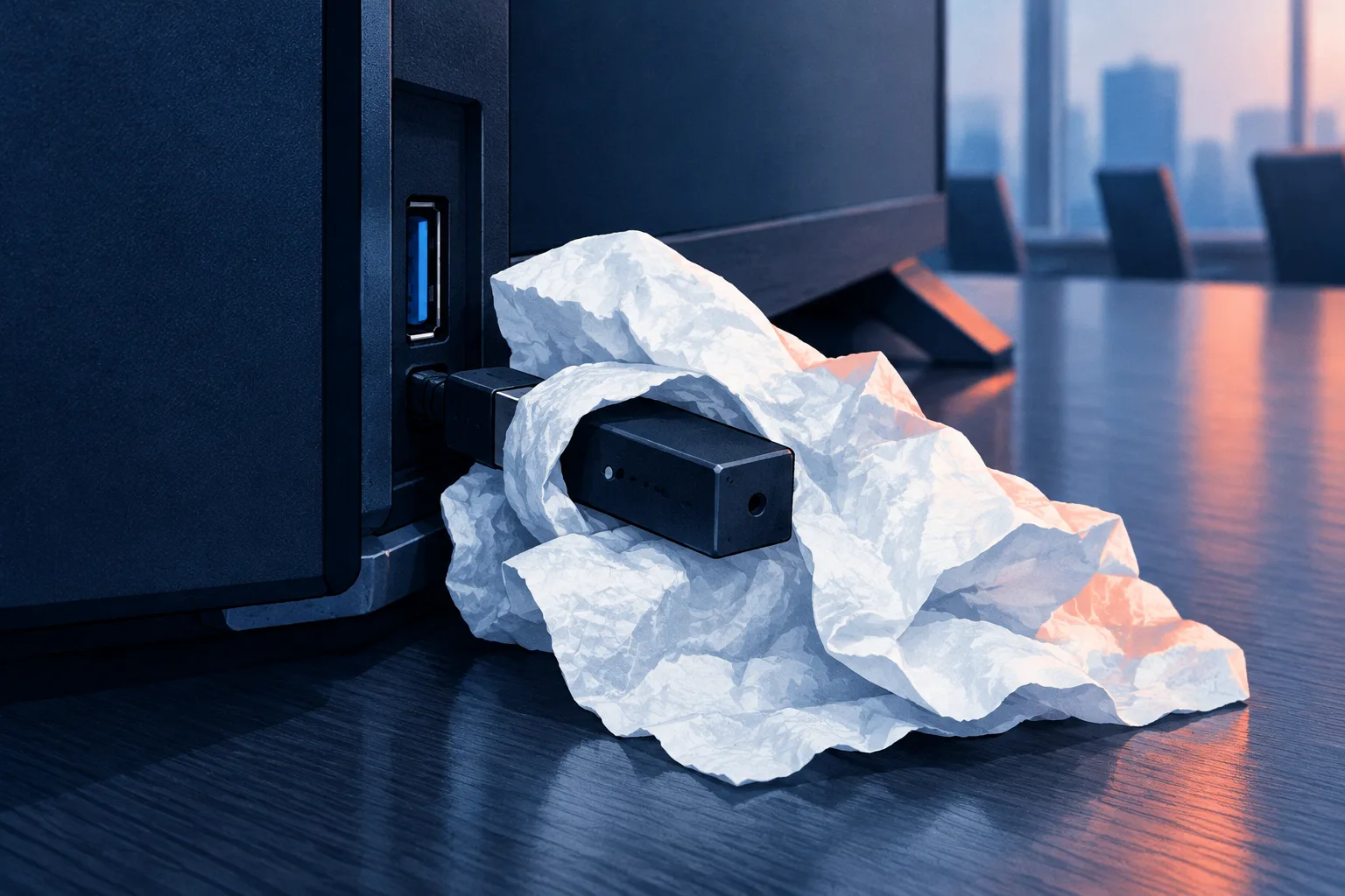 A small concealed recording device sits in the USB port of an unbranded conference-room display.