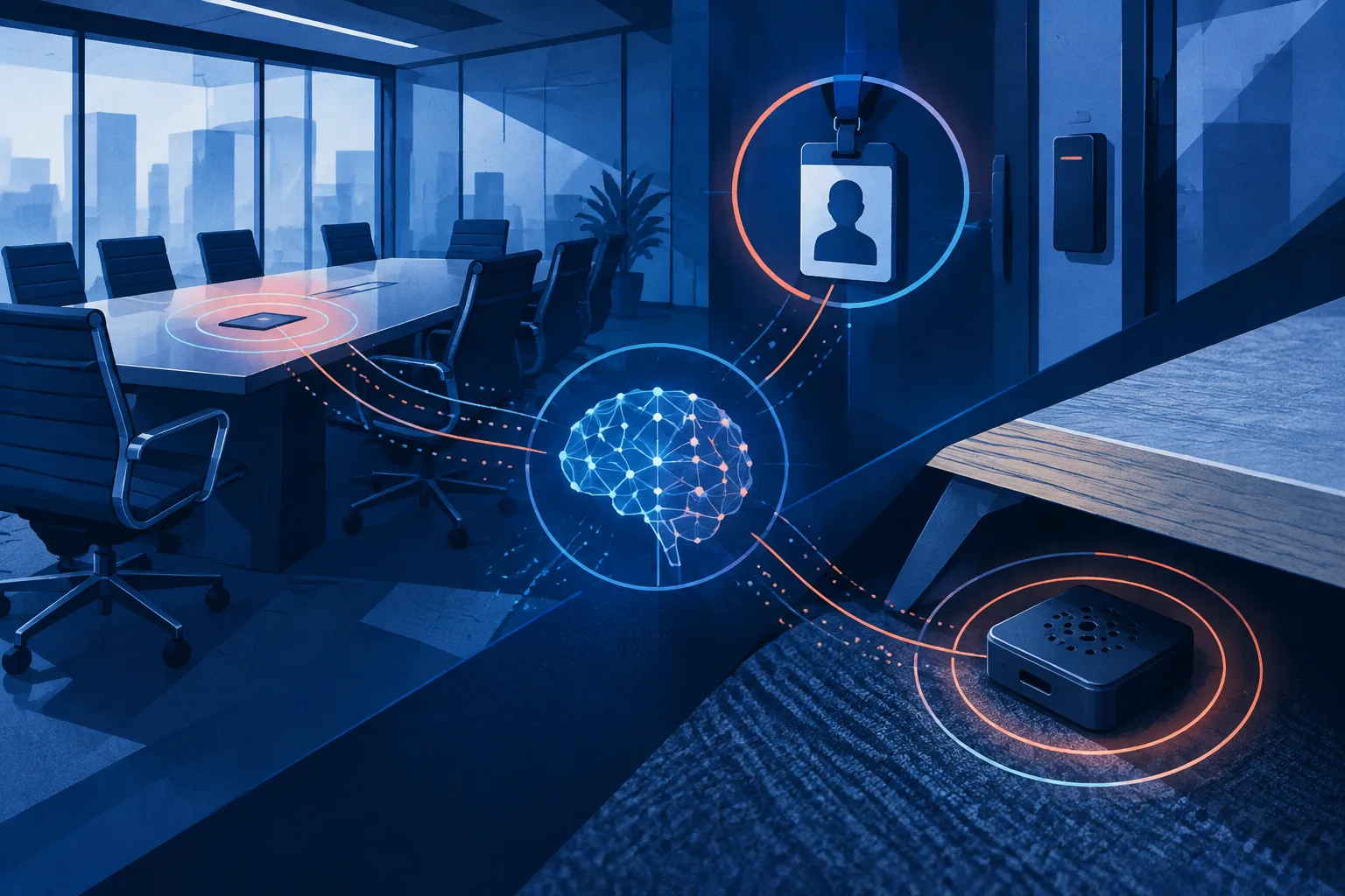 Abstract evidence trails connect office-security clues beneath layered protective rings.