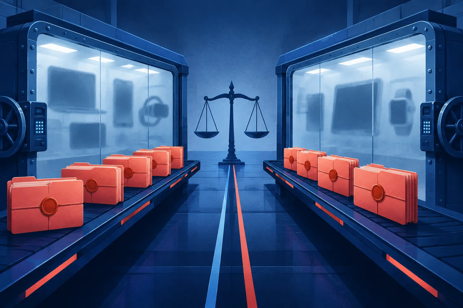 Two technology research vaults face each other across a legal divide with sealed files between them.