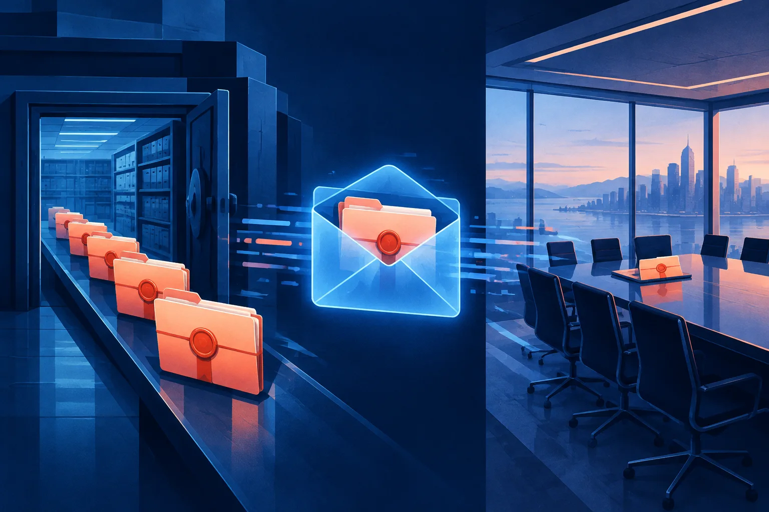 Sealed engineering folders travel from a secure archive through a private channel to an executive room.