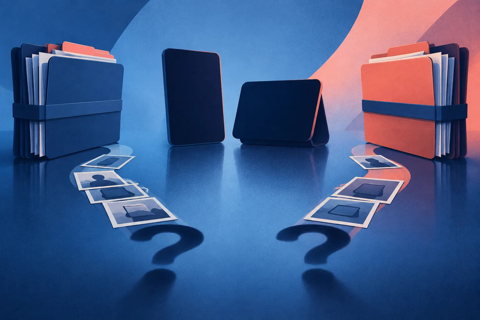 Opposing legal folders sit beside obscured prototype devices and unresolved evidence paths.