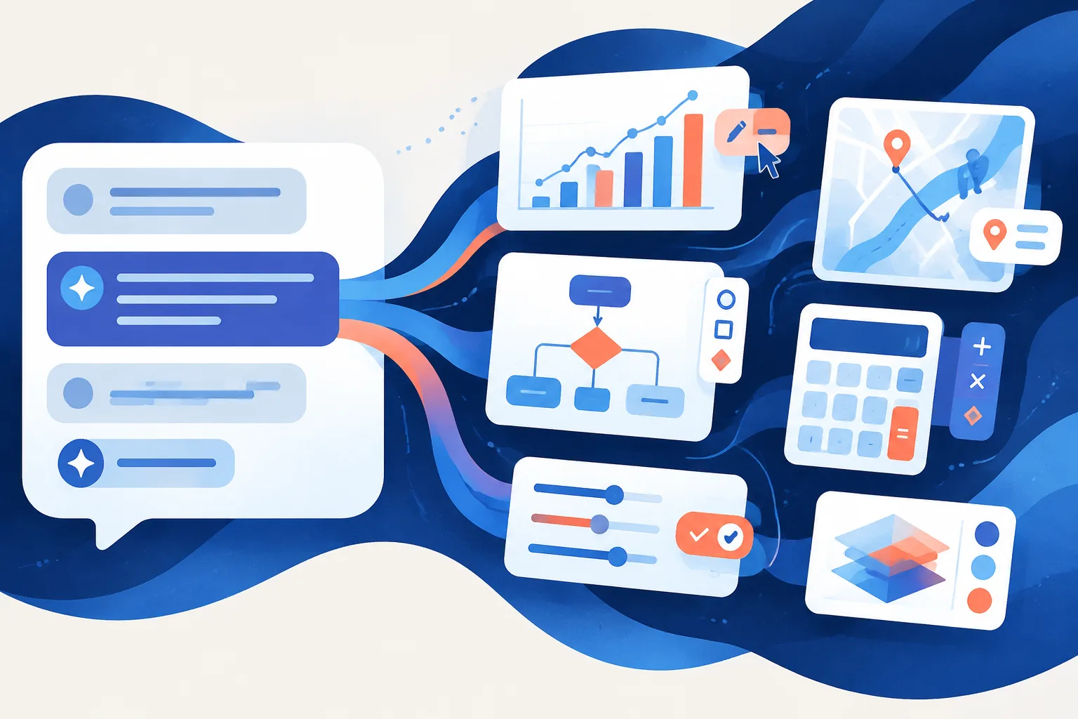 A conversation transforms into interactive diagrams, graphs, maps, and controls.