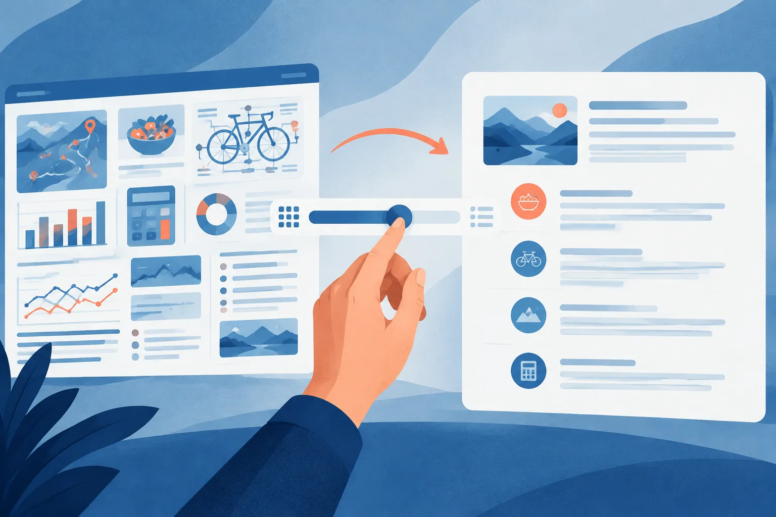 A hand reduces visual elements from a busy answer to a calmer text-led layout.