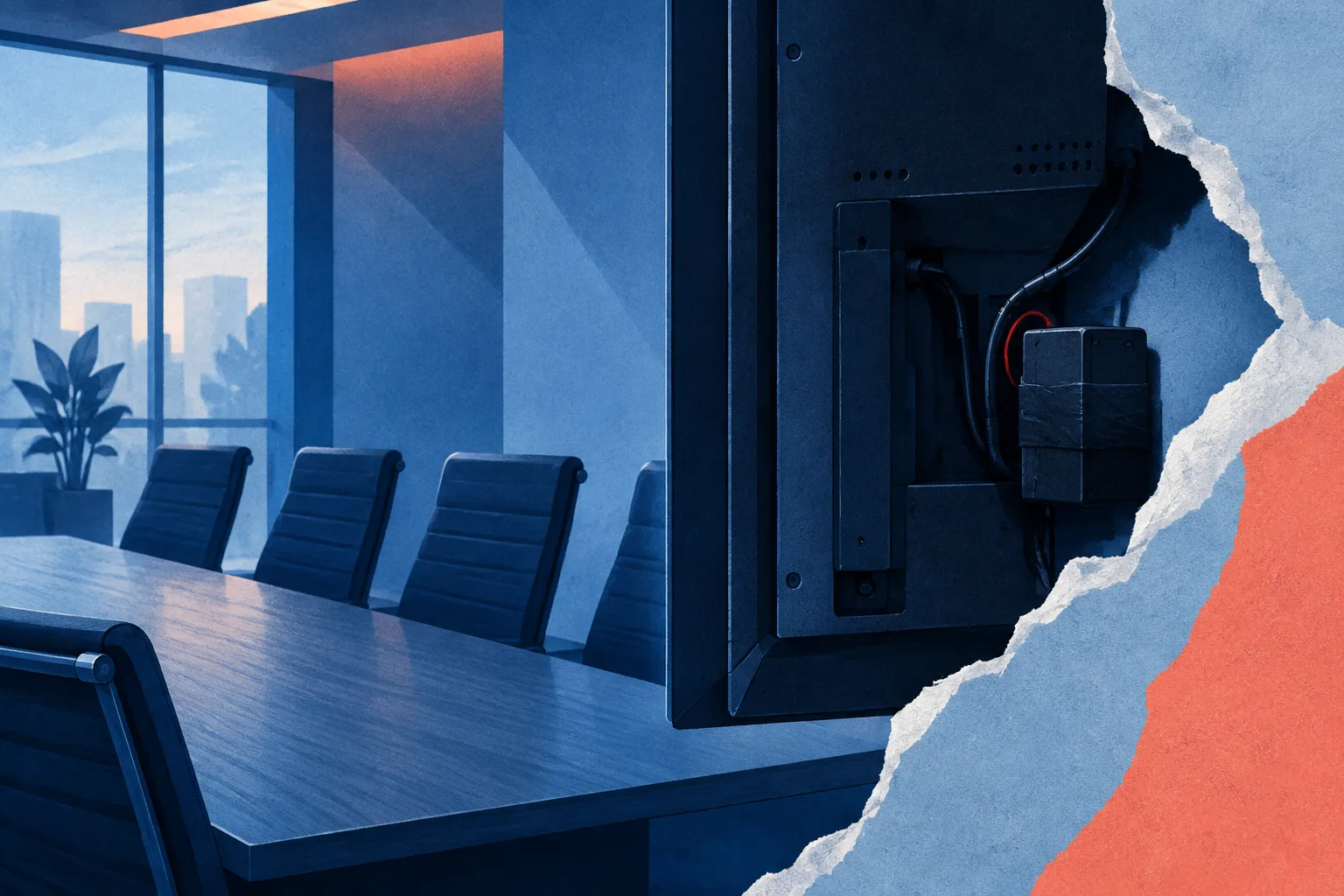 A concealed recorder sits behind a display in an empty executive conference room.