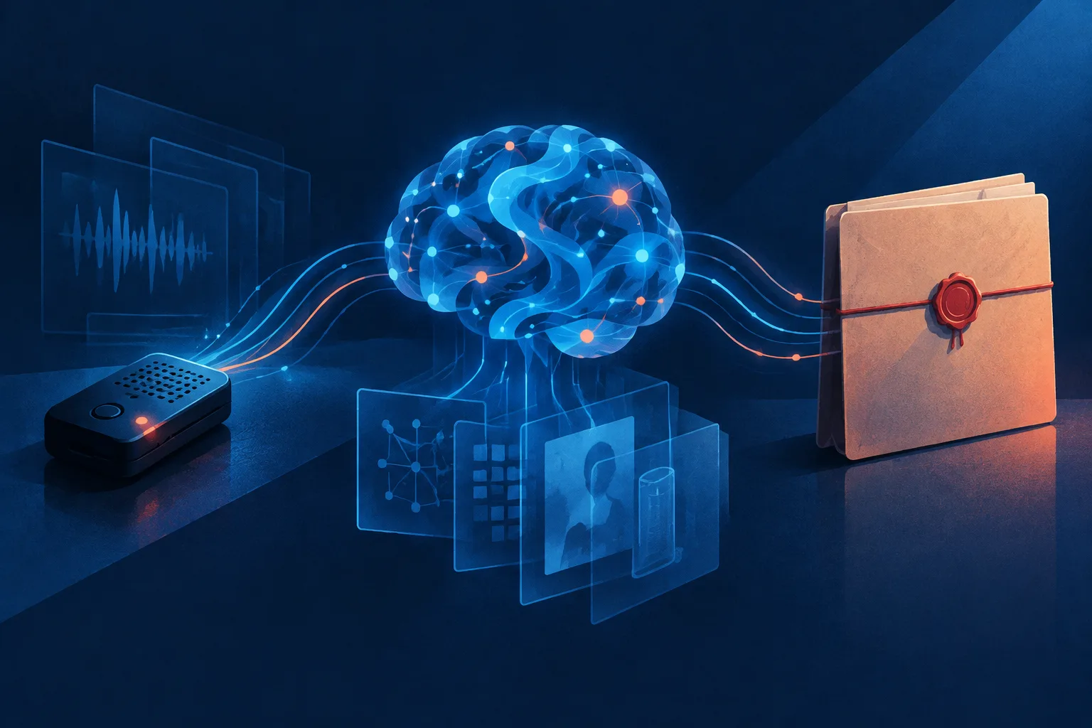 Digital evidence paths connect an AI core, a recorder, and a sealed case folder.