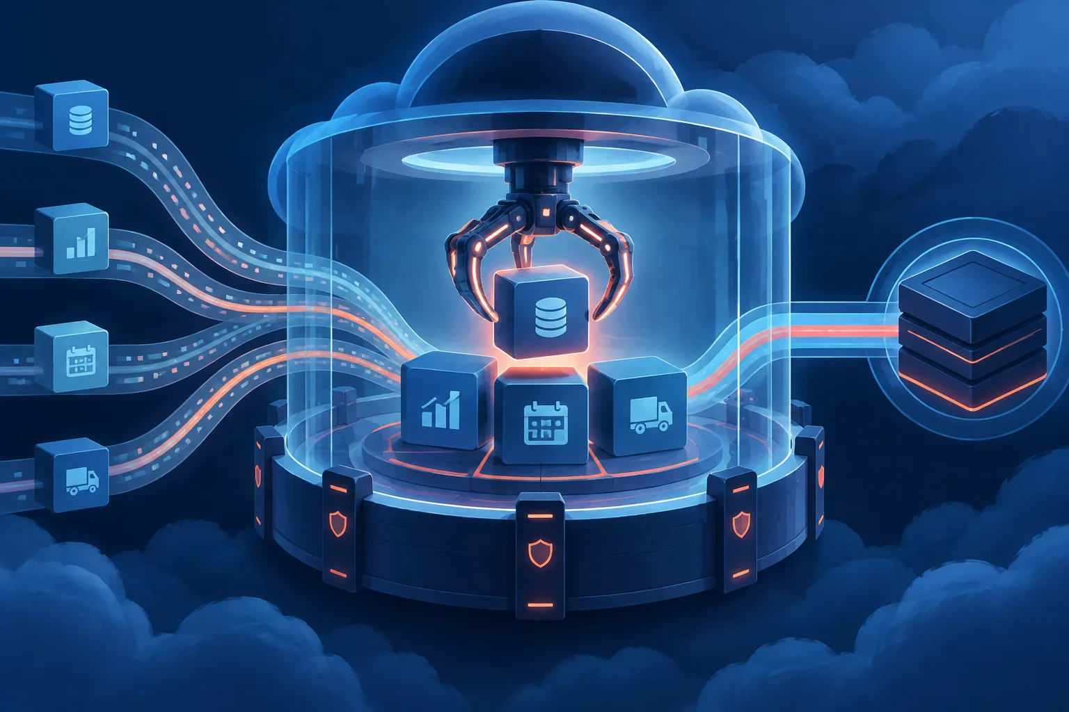 A mechanical claw organizes business modules inside a guarded cloud system.