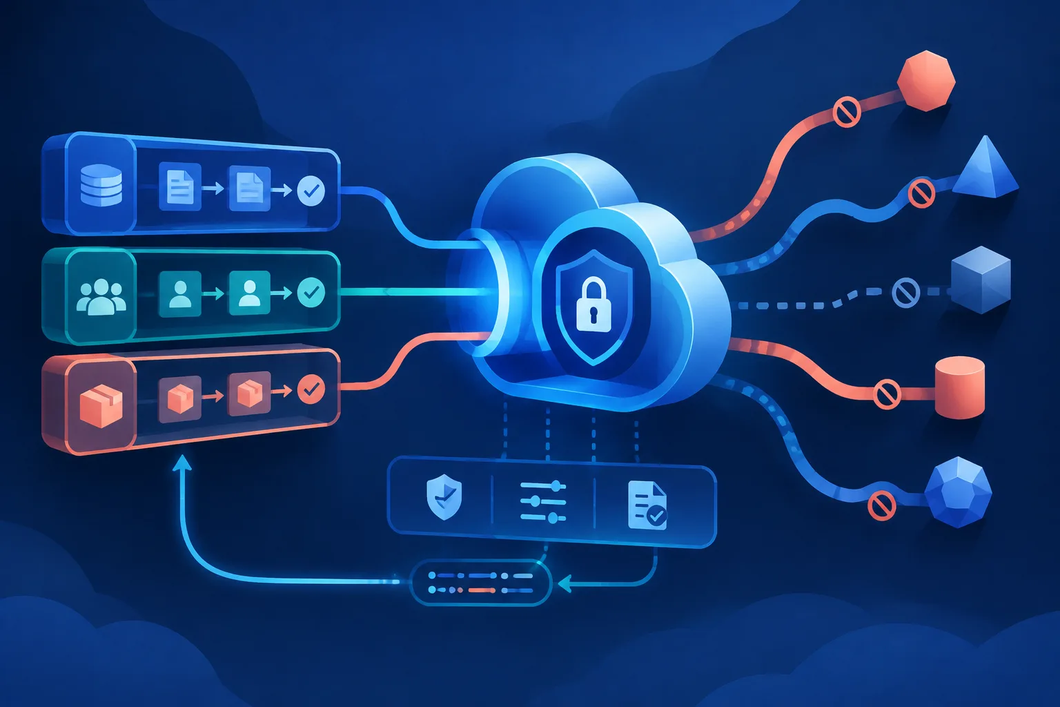 Business workflows enter one secure cloud gateway while external paths remain separate.