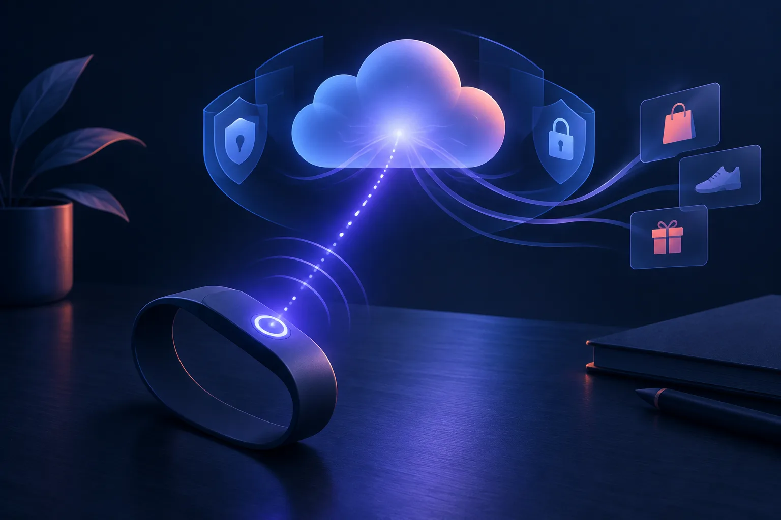 Unbranded AI wristband activated by a button and connected to a protected cloud.