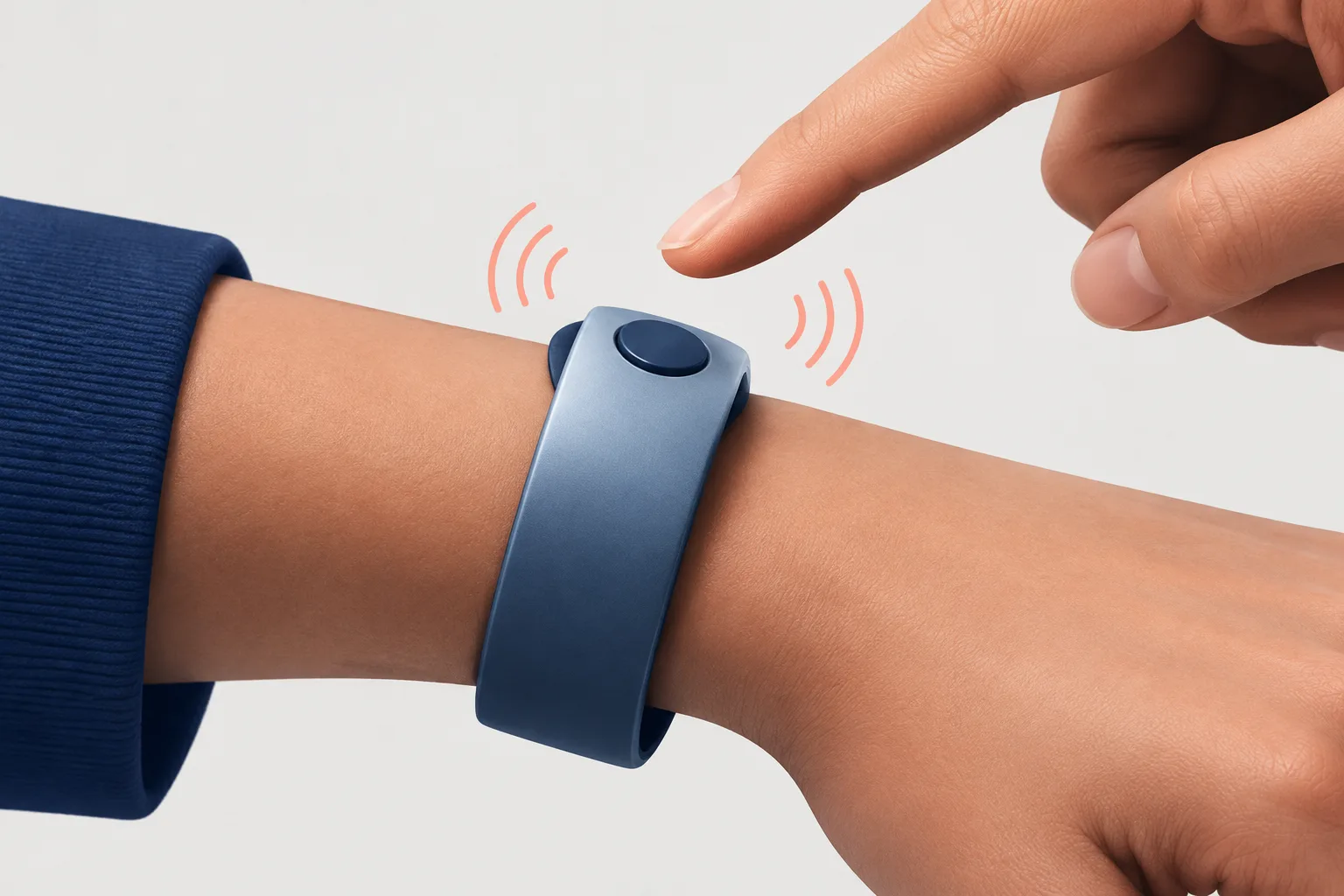 A finger prepares to activate a wearable AI assistant instead of continuous recording.
