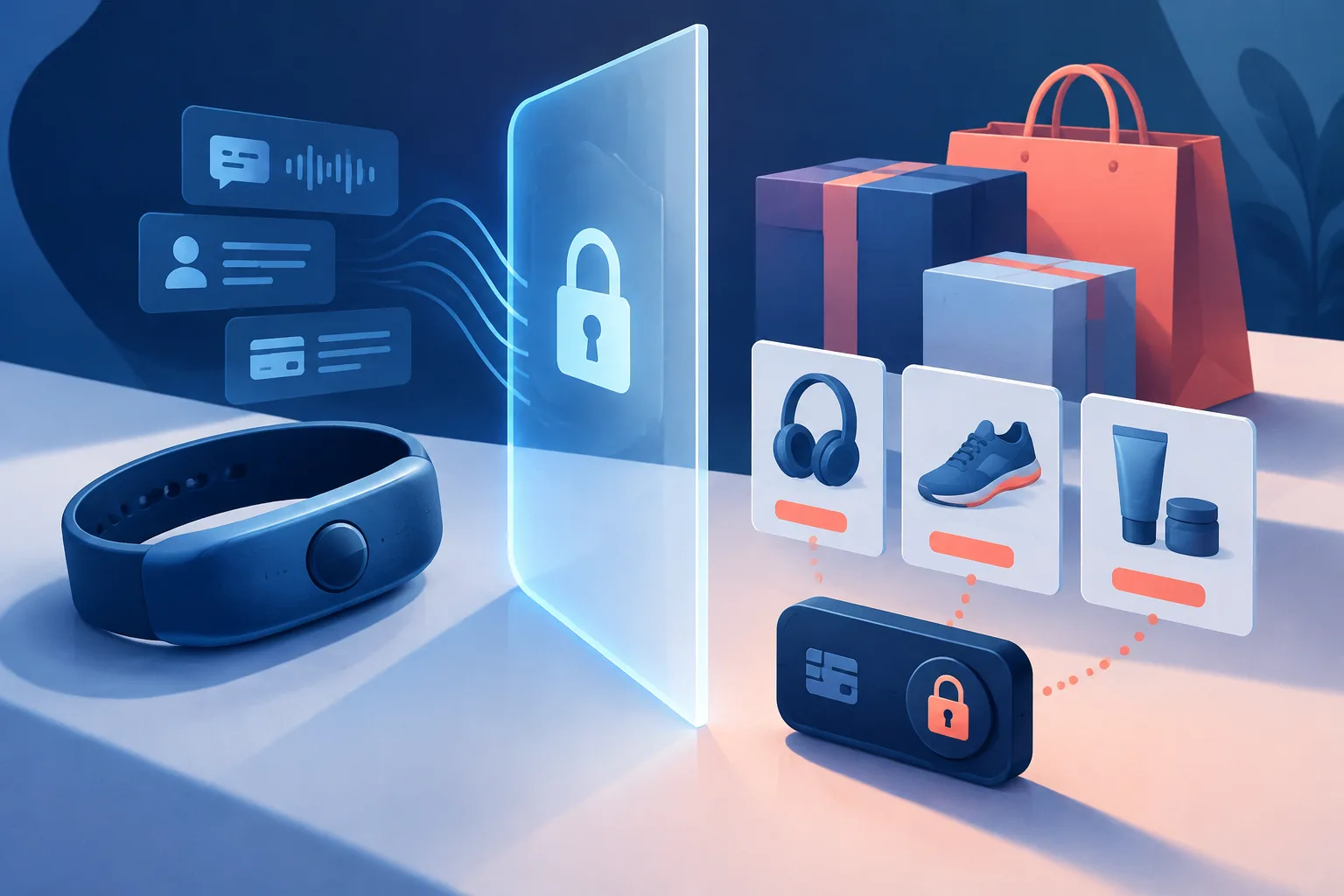 AI shopping suggestions and a protected payment token separated by a privacy barrier.