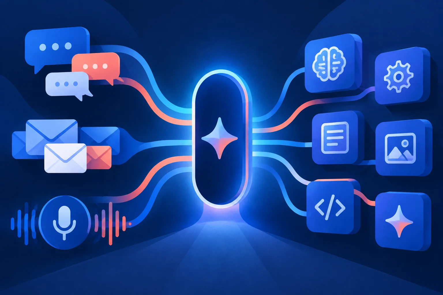 A unified gateway connects messaging, email, voice, and modular AI services.
