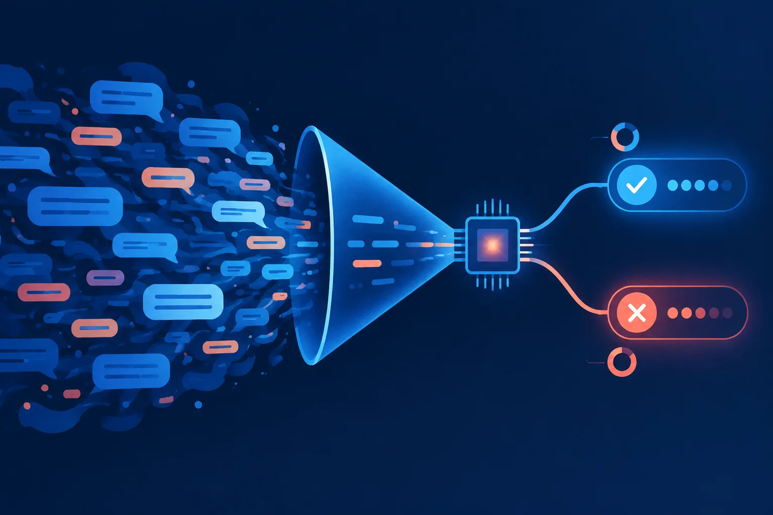 An open-ended text cloud narrows into two probability-based moderation outcomes.