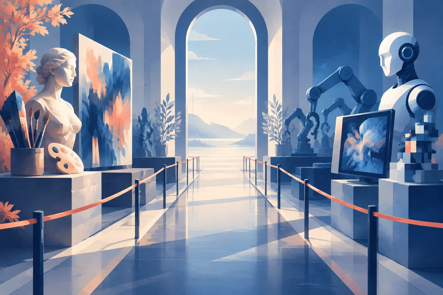 Symbols of human dignity and automation face each other in a guarded dialogue.