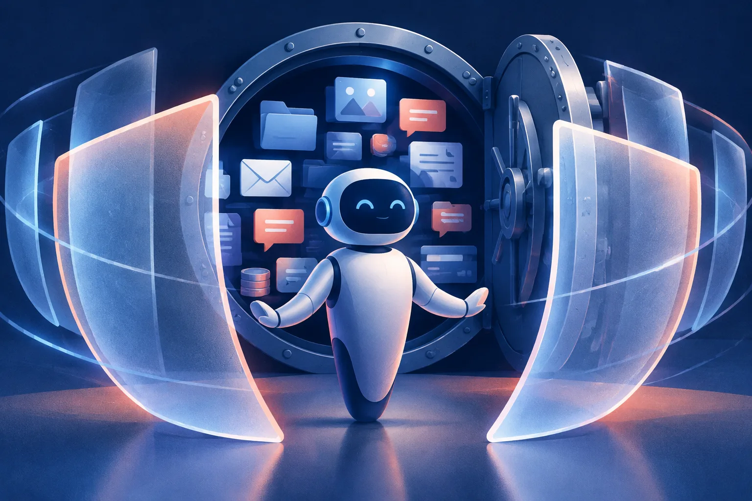 An abstract AI agent stands between personal data and competing translucent privacy shields.