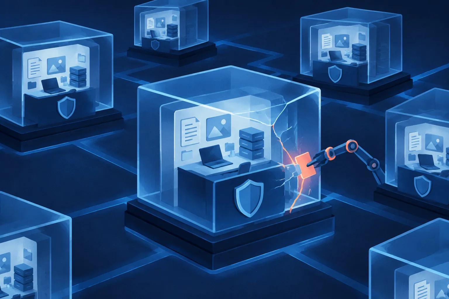 Isolated virtual computer chambers protect personal files while one damaged security seal is repaired.