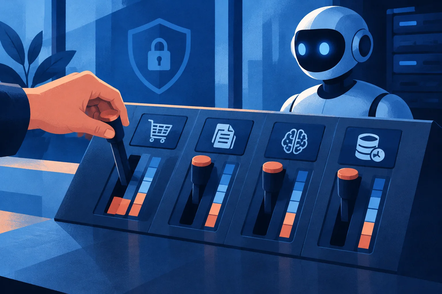 A hand sets limits on symbolic purchase, file, training and retention controls for an AI agent.
