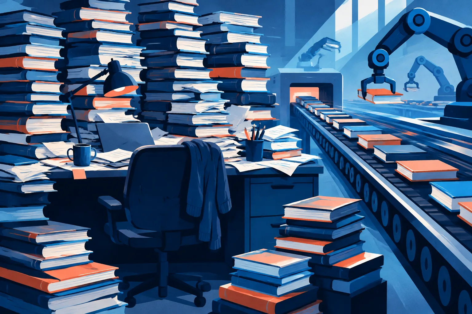 A publishing desk is overwhelmed by books beside a rapidly moving automation conveyor.