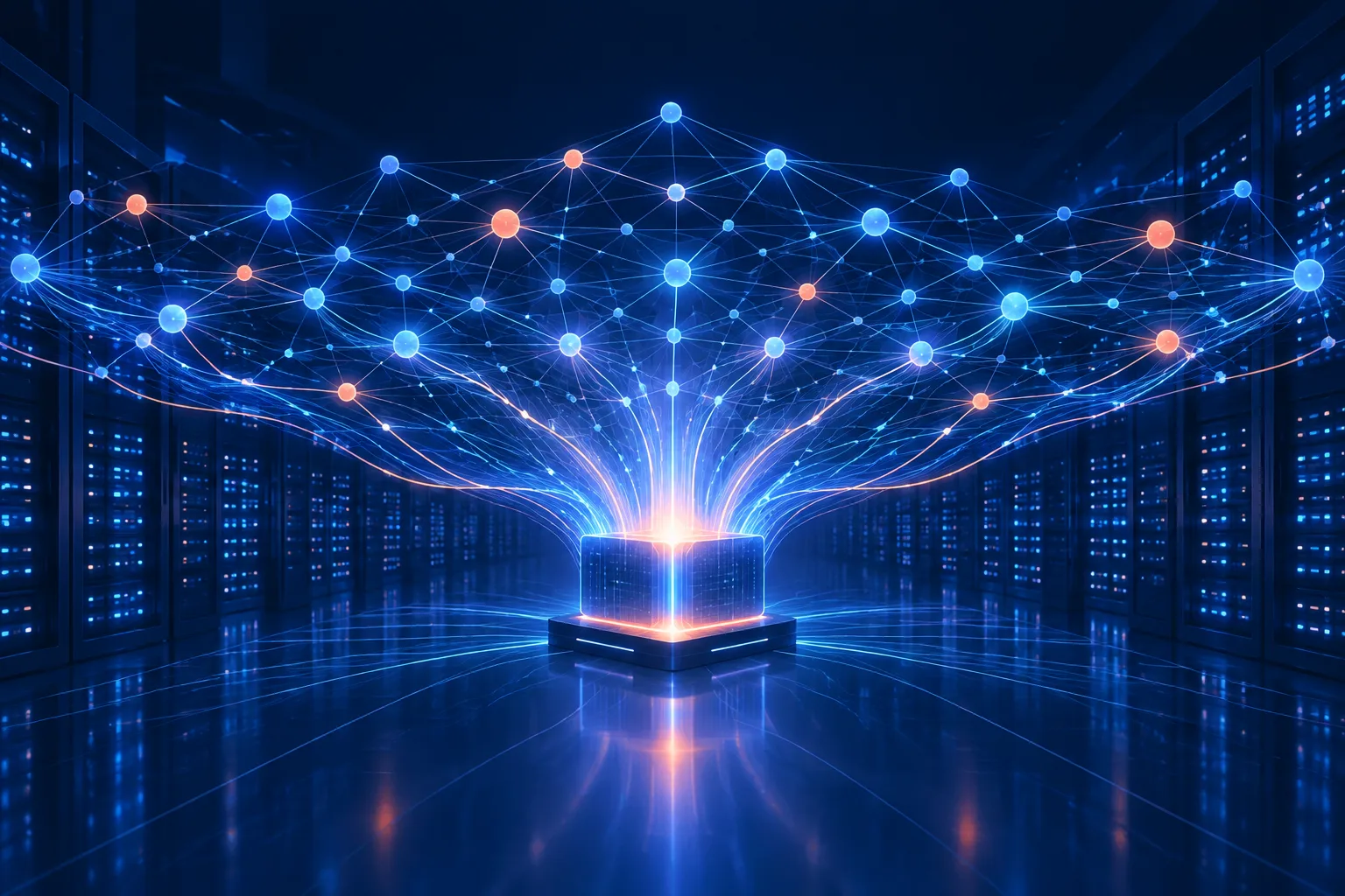 A compact glowing AI core powers a wide network inside a dark server hall.