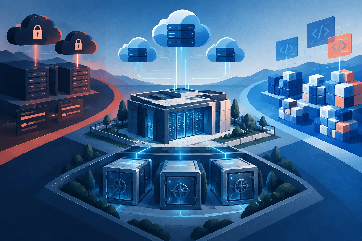 A local AI facility connects securely to private data vaults and cloud infrastructure.