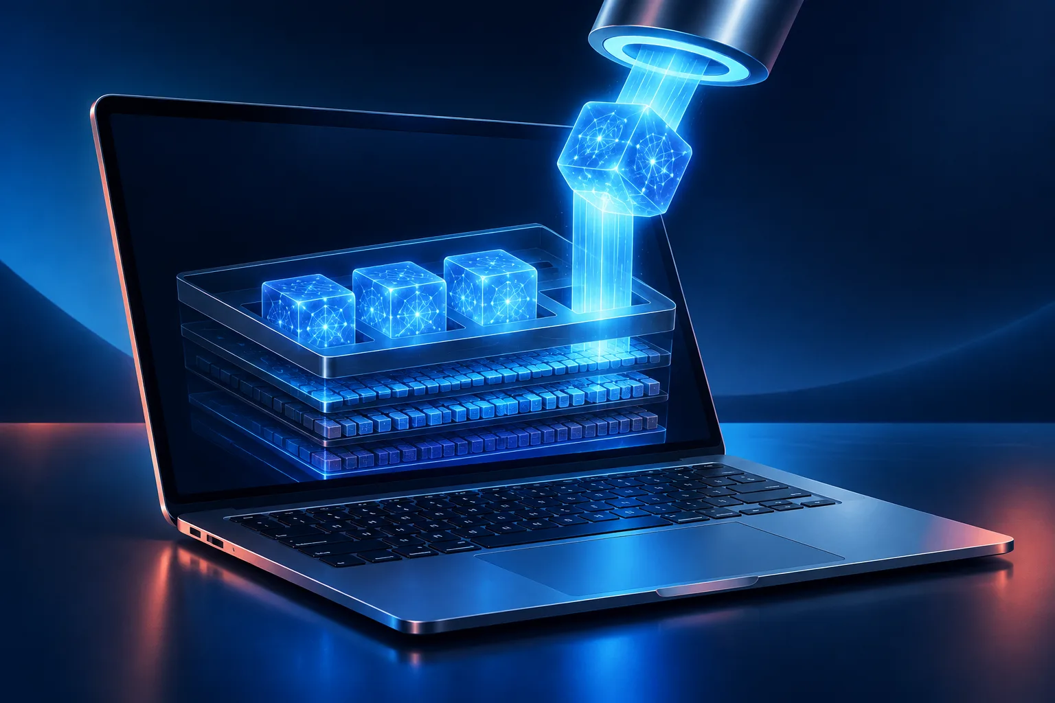 Generic laptop with glowing AI model blocks being removed from its storage layers.