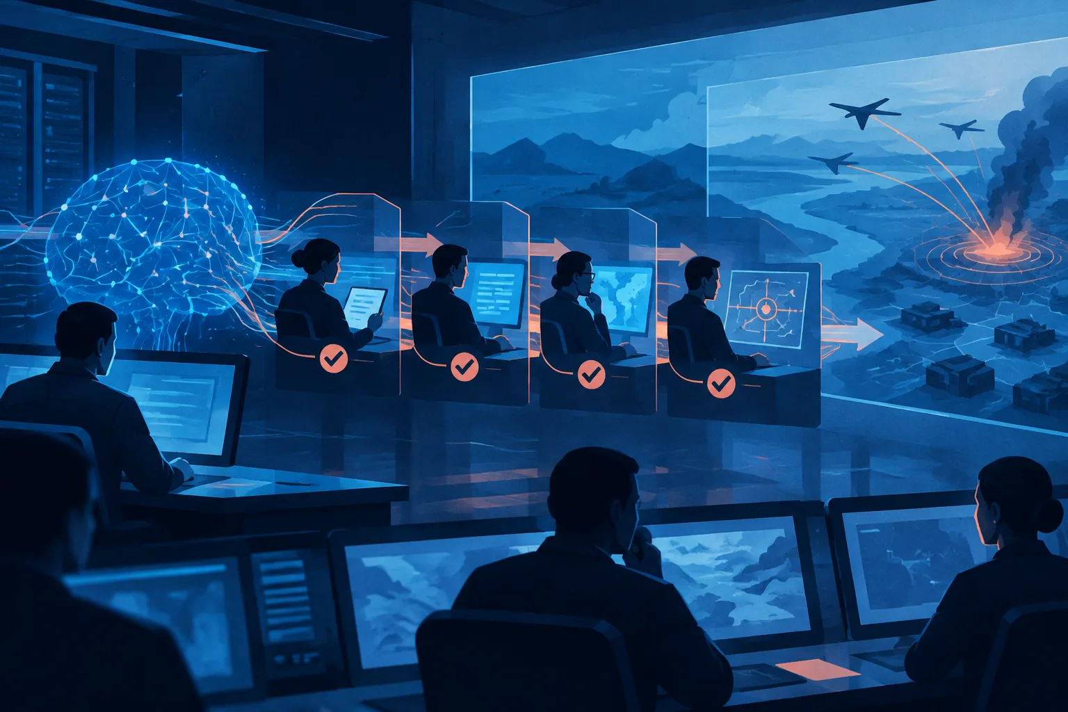 An AI network passes through human review checkpoints in a defense operations room.