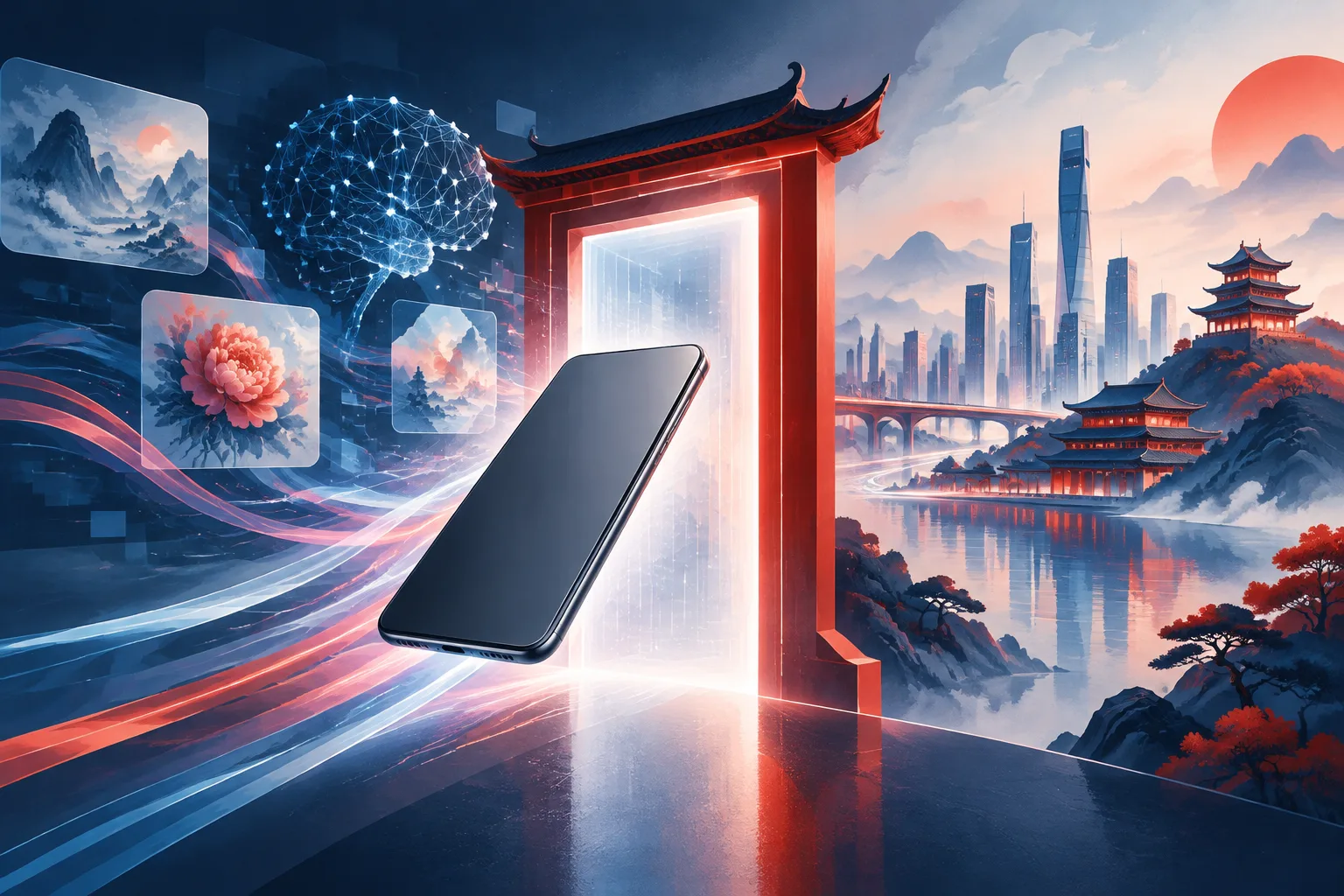 A generic smartphone passes through a regulatory gateway with abstract AI model symbols.