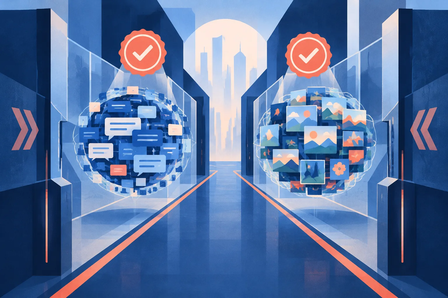 Language and image-generation engines move through an abstract regulatory approval corridor.