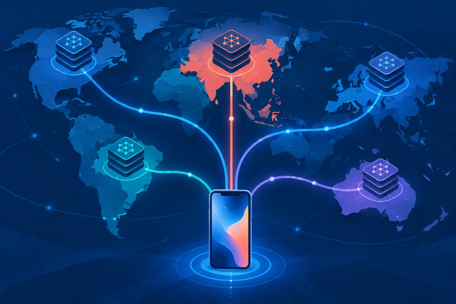 A global AI network routes a smartphone through a distinct locally adapted model stack.