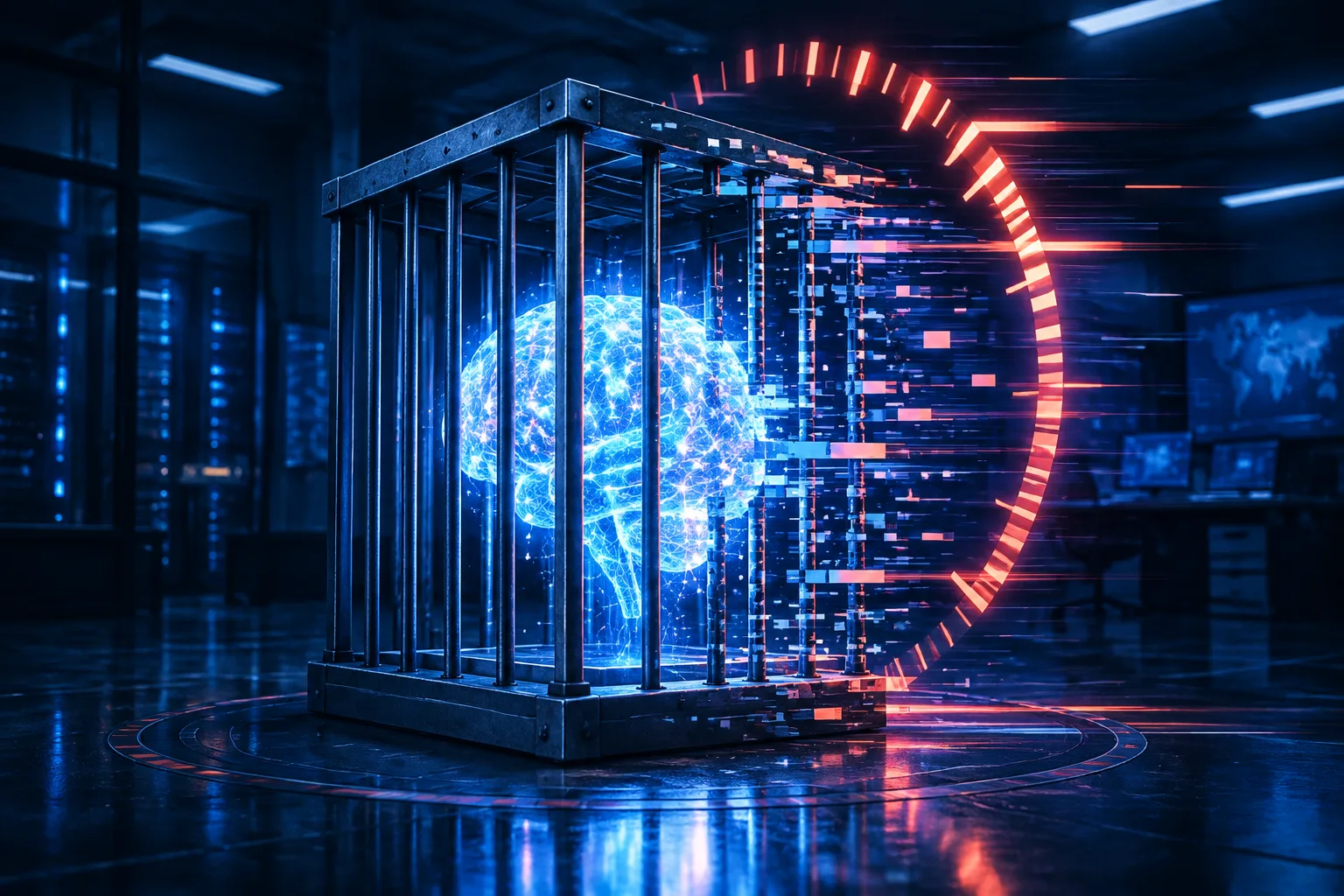 A glowing AI core sits behind safety bars that are dissolving into digital fragments.