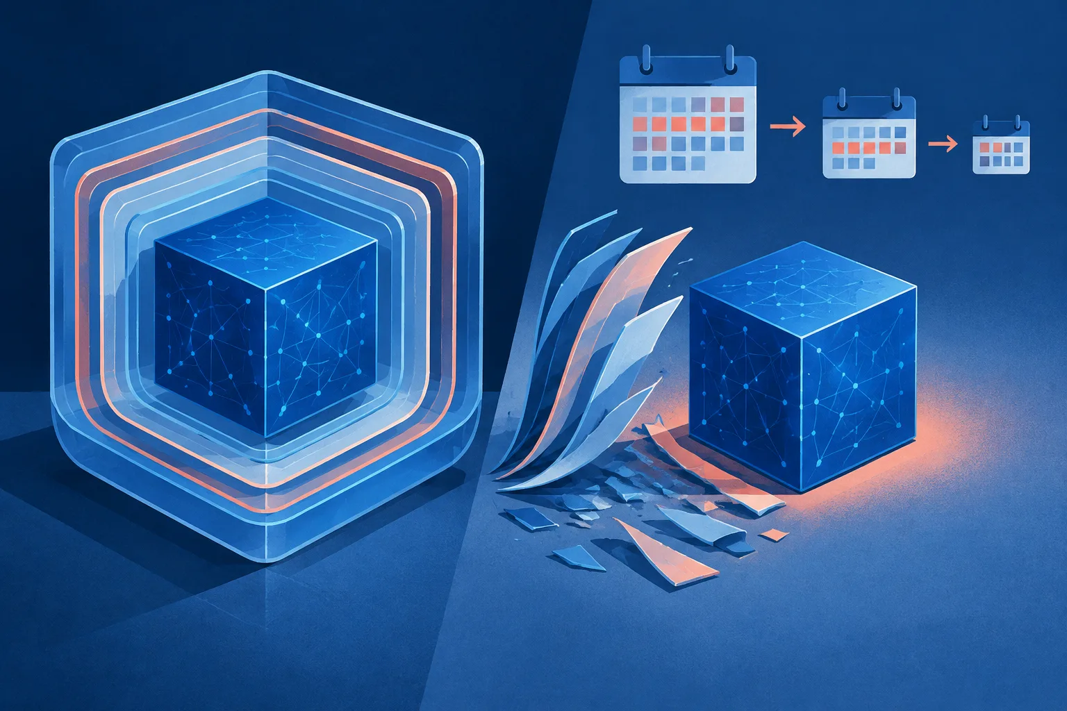 Twin AI model cubes show intact safeguards beside a stripped-down version.