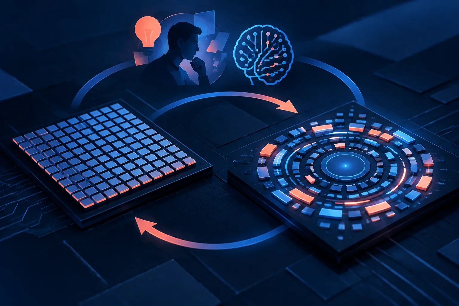 Abstract chip components shifting from a grid into a circular layout.